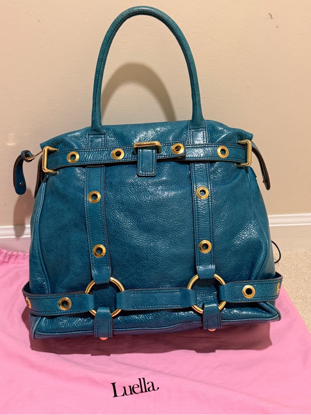 Luella London Gisele Bag, Teal Leather Satchel with Gold Hardware
